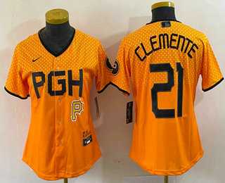Womens Pittsburgh Pirates #21 Roberto Clemente Yellow 2023 City Connect Stitched Jersey1->mlb womens jerseys->MLB Jersey